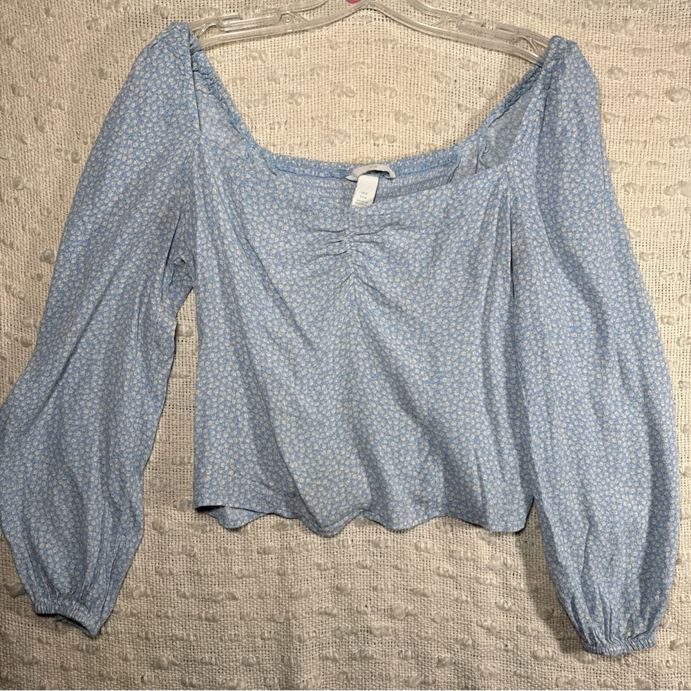 H&M‎ Women’s Medium Long Sleeve Top Blue Micro Floral Ditsy Peasant Baby Doll